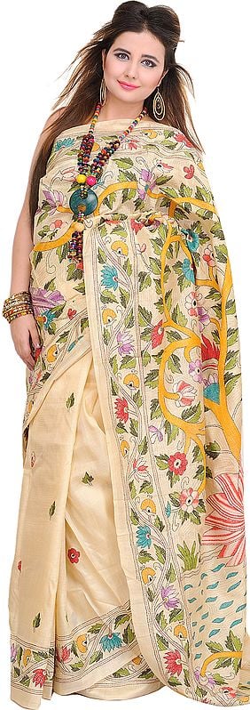 Cream Sari from Kolkata with Kantha Embroidered Foliage by Hand