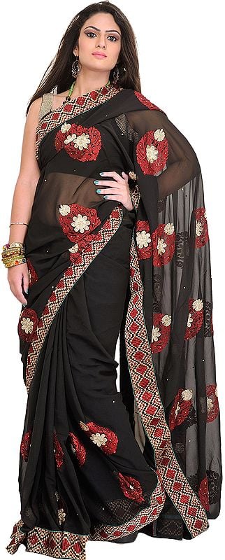 Jet-Black Floral Embroidered Wedding Saree with Crystals and Patch Borde