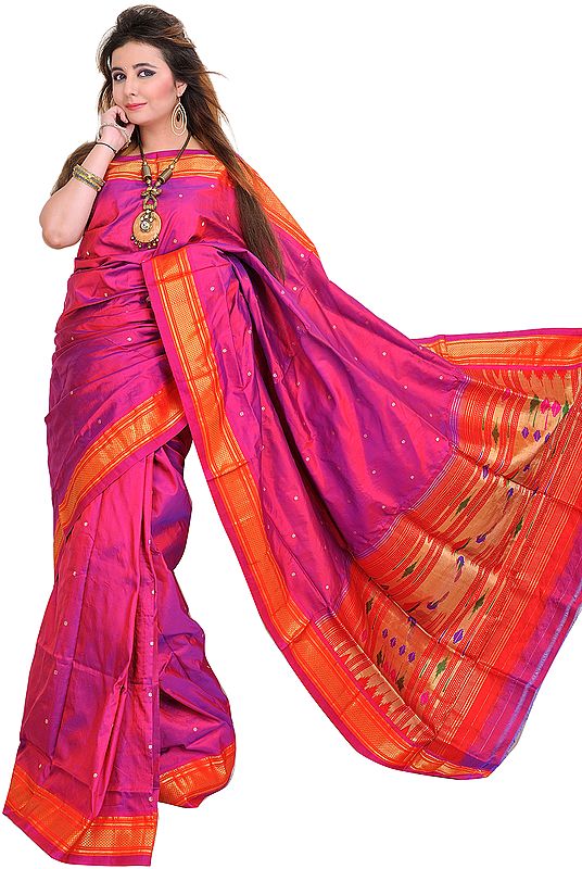 Carmine-Pink Paithani Sari with Bootis and Hand-Woven Peacocks on Aanchal