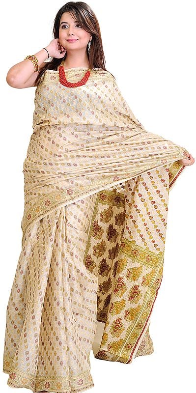 Cloud-Cream Sari from Banaras with Woven Bootis All-Over