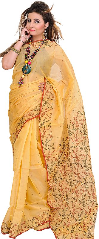 Golden-Fleece Chanderi Sari with Woven Leaves and Bootis