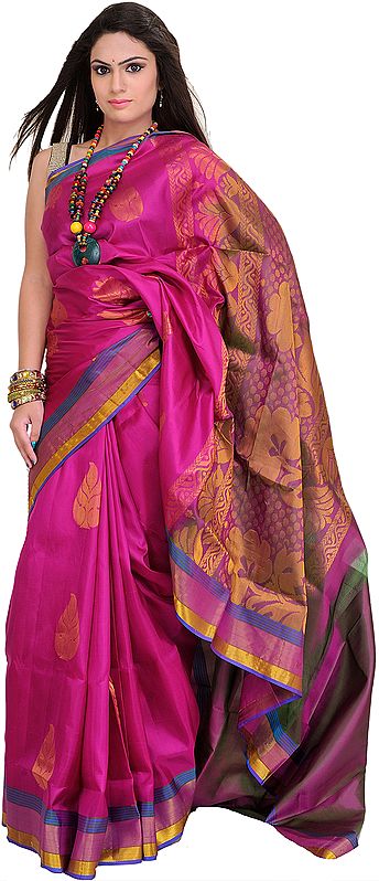 Vivid-Viola Saree from Bangalore with Woven Leaves in Zari Thread