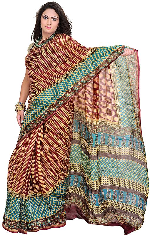 Cordovan-Red and Blue Chanderi Sari with Printed Motifs All-Over