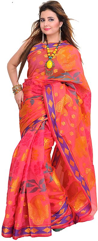 Bubblegum-Pink Sari from Banaras with Hand-Woven Paisleys and Flowers