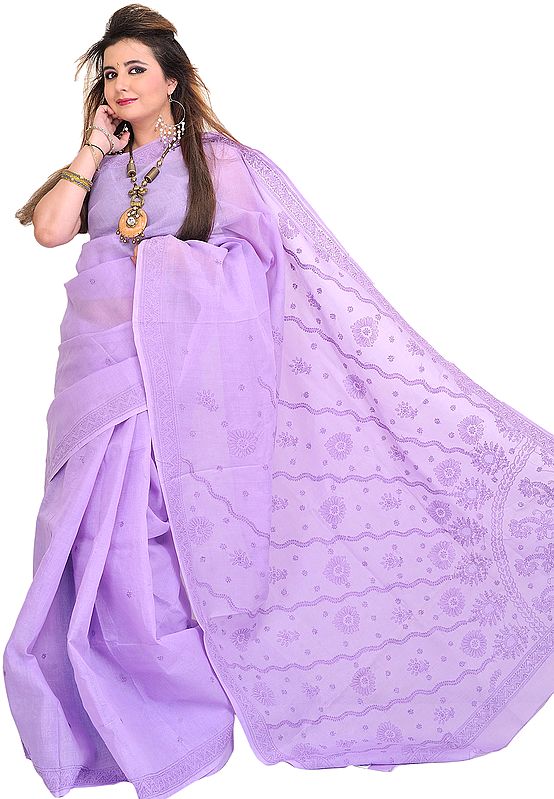 Violet-Tulip Sari from Lucknow with Chikan Embroidery by Hand