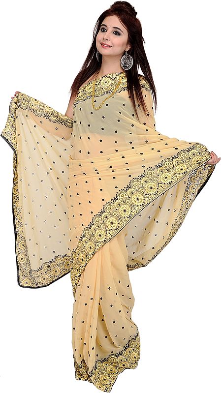 Italian-Straw Wedding Sari with Floral-Embroidered Border and Bootis