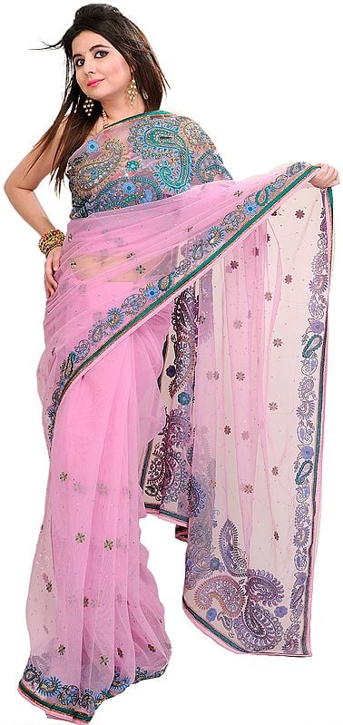 Lilac-Chiffon Wedding Net Sari with Beaded Paisleys and Sequins