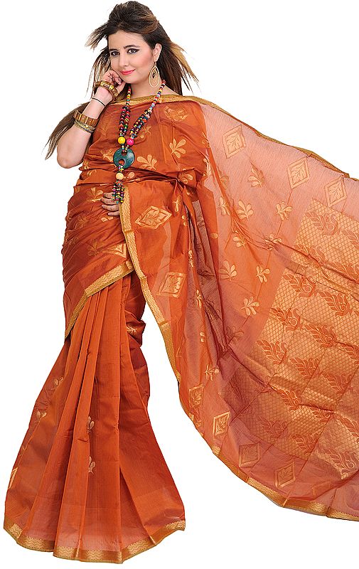 Copper-Brown Banarasi Sari with Hand-Woven Leaves and Zari Weave on Aanchal
