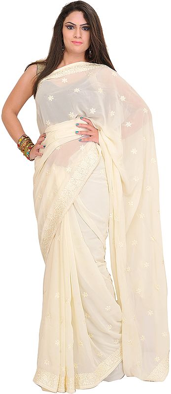 Ivory Georgette Sari with Floral Embroidery in self-Colored Thread