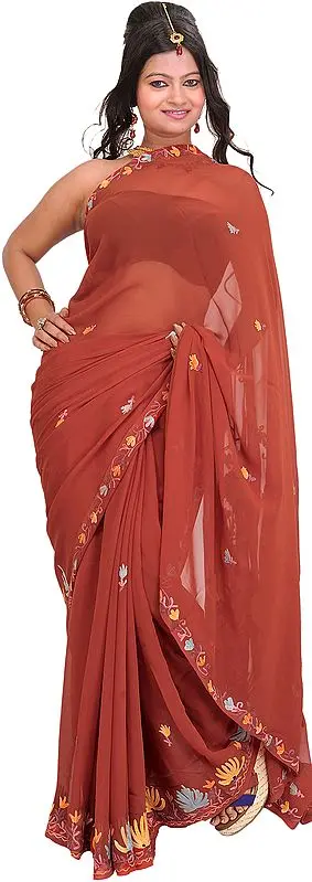 Ochre Red Kashmiri Saree with Aari-Embroidered