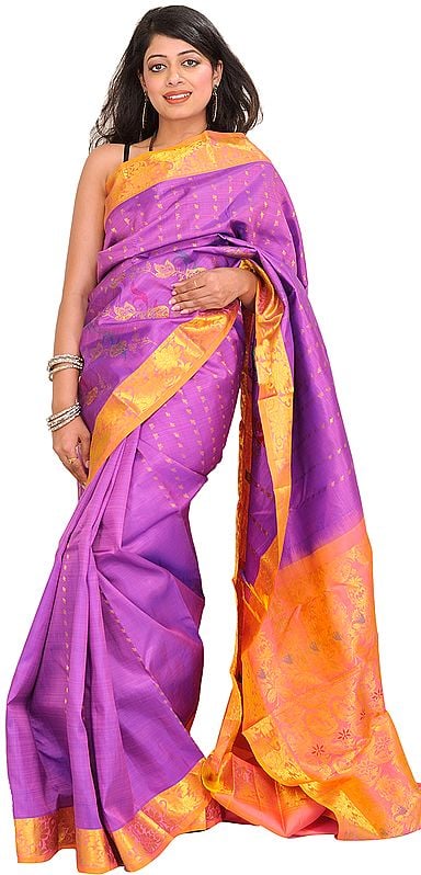 Dewberry-Purple and Peach Kanjivaram Handloom Sari with Brocaded Aanchal