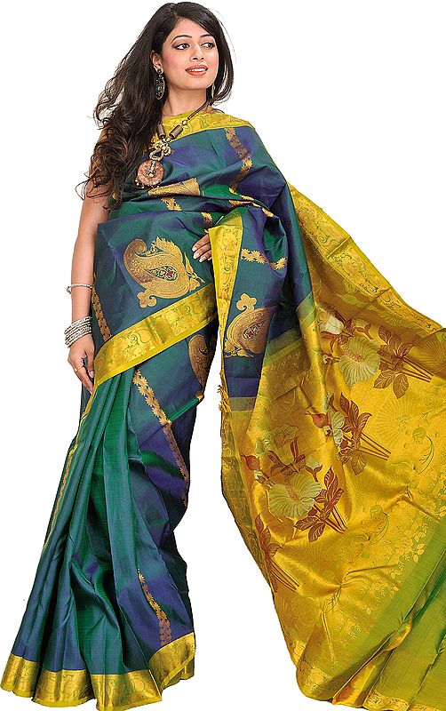 Teal Kanjivaram Handloom Sari with Woven Paisleys in Zari Thread
