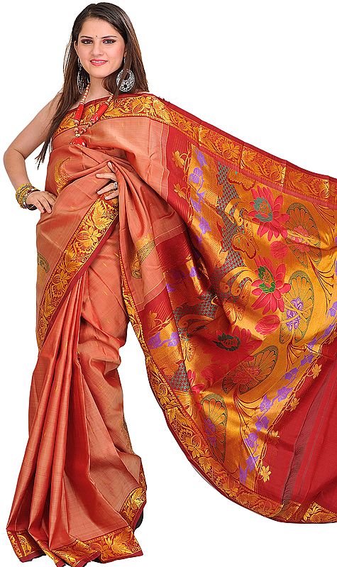 Cedar-Wood and Red Kanjivaram Sari with Woven Lotuses and Butterfly on Aanchal