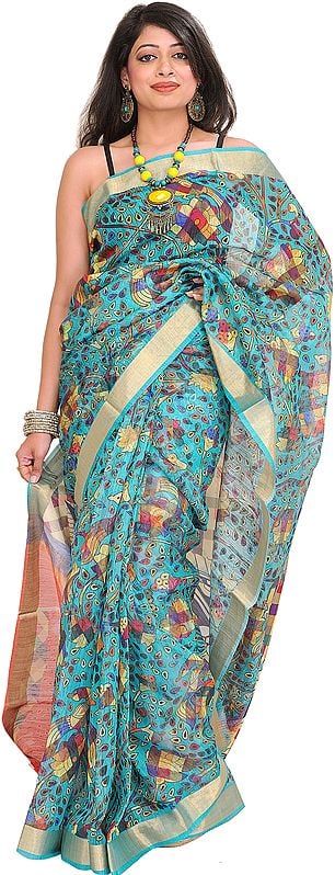 Blue-Curacao Digital-Printed Sari from Purvanchal with Woven Border