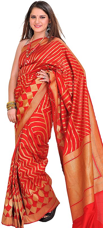 Mars-Red and Golden Wedding Sari from Banaras with Zari Weave All-Over