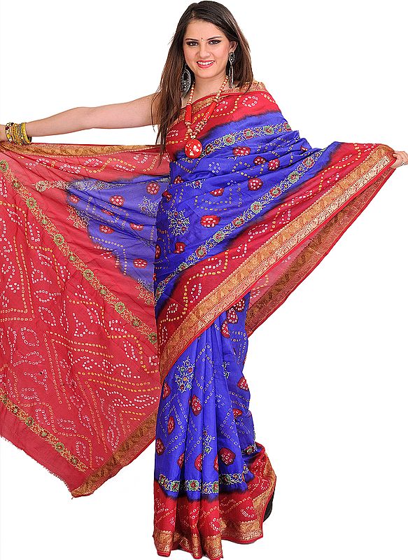 Bandhani Tie-Dye Marwari Sari from Jodhpur with Zari Embroidered Flowers