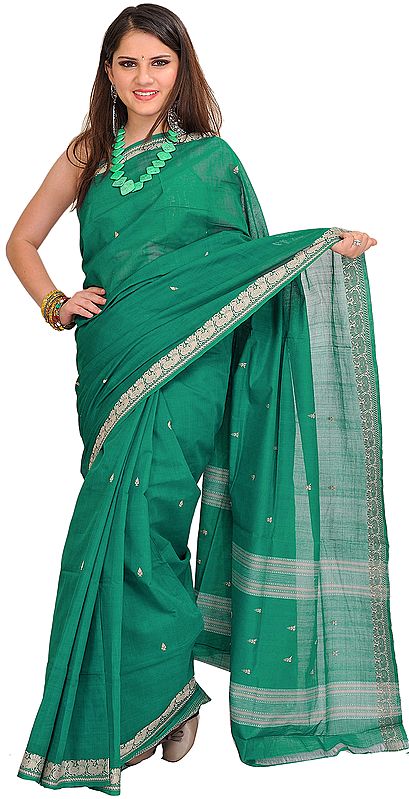 Cadmium-Green Venkateshwara Sari with Woven Bootis and Border