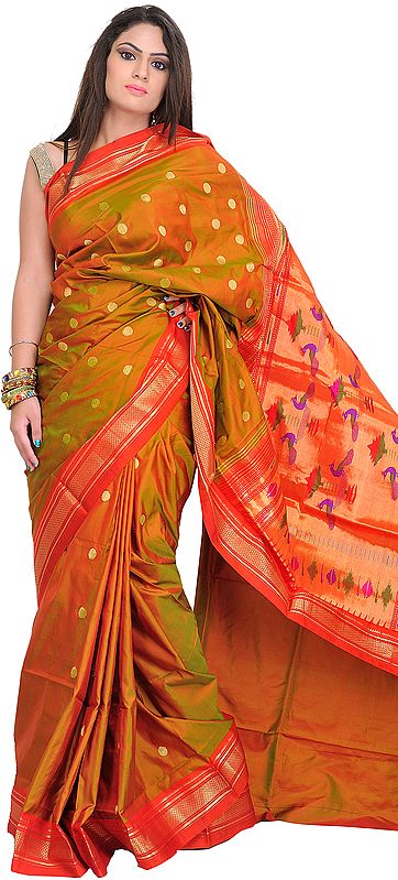 Bronze-Mist and Orange Paithani Sari with Woven Bootis and Peacocks on Aanchal