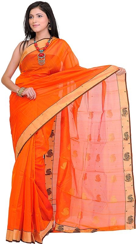 Firecracker-Orange Handloom Chanderi Sari with Woven Paisleys on Aanchal
