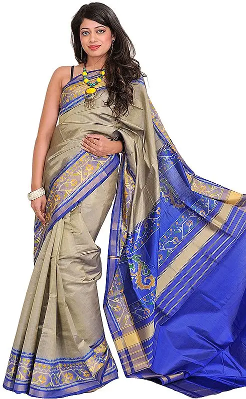 Gray and Blue Handloom Patan Patola Sari from Gujarat with Ikat Weave