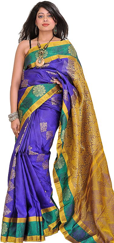 Spectrum-Blue and Green Sari from Bangalore with Woven Flowers and Self-Weave