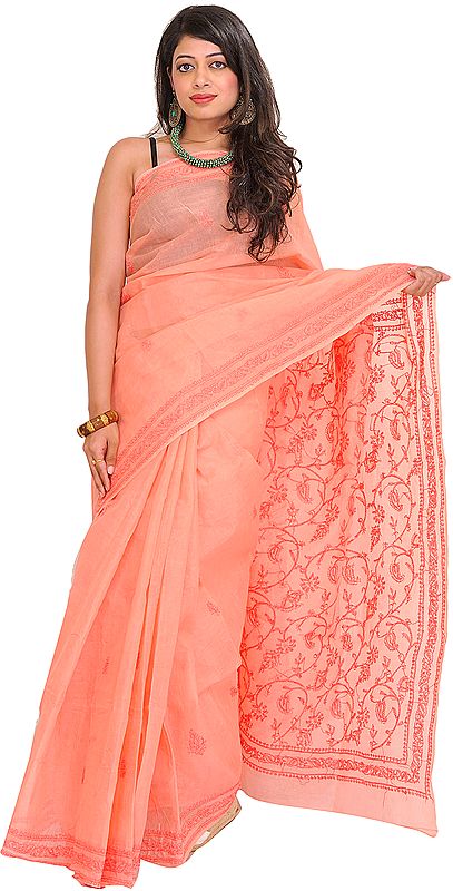 Candlelight-Peach Sari from Lucknow with Chikan Embroidery by Hand