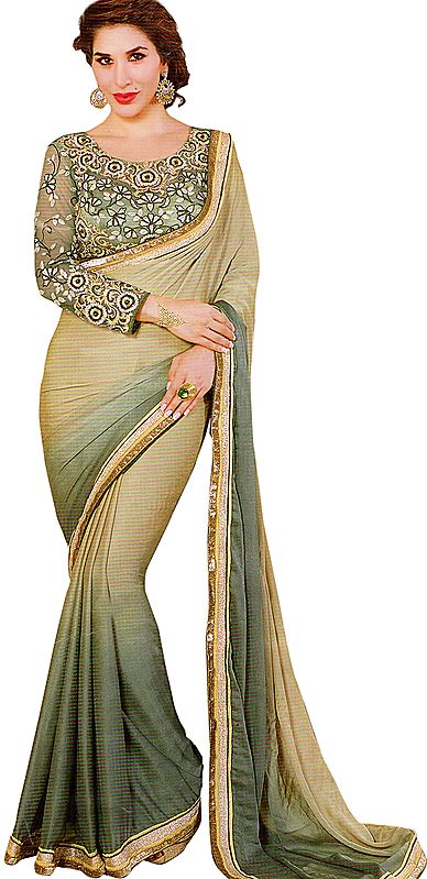 Olive-Gray and Green Shaded Self-Weave Sari with Patch Border and Zari Embroidered Blouse