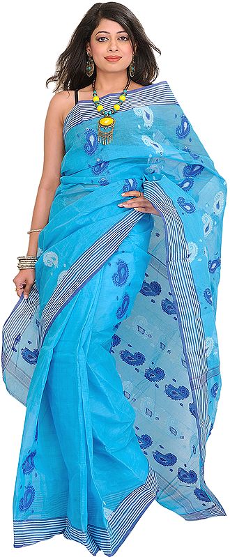Cyan-Blue Tangail Sari from Bengal with Woven Paisleys and Striped Border