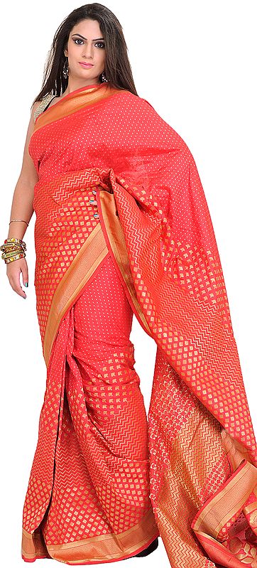 Rouge-Red Saree from Banaras with Woven Bootis in Zari Thread