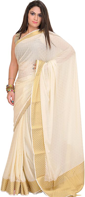 Ivory Self-Weave Handloom Sari from Bangalore with Zari Weave on Border and Aanchal