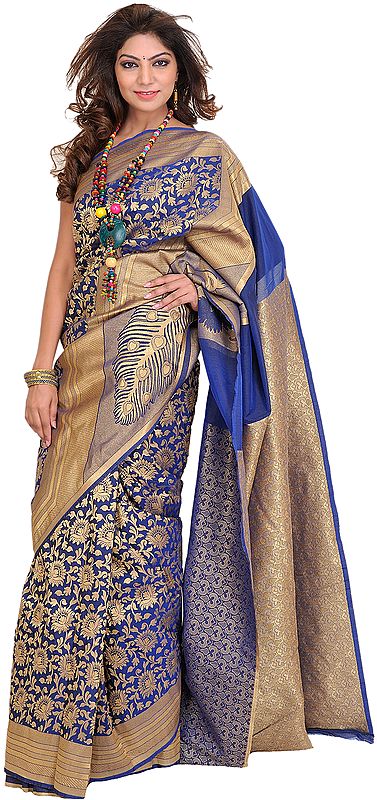 Estate-Blue Sari from Banaras with Zari Woven Flowers All-Over