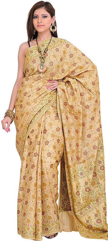Banana-Crepe Sari from Banaras with Woven Flowers All-Over