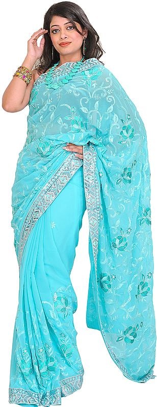 Blue-Curacao Sari with Floral Embroidery and Sequined Patch Border