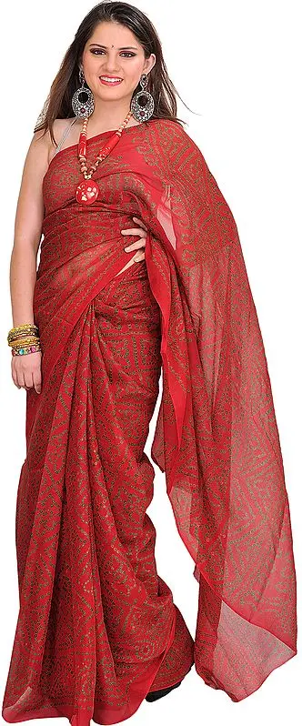 Brick-Red Bandhani Tie-Dye Marwari Sari from Jodhpur
