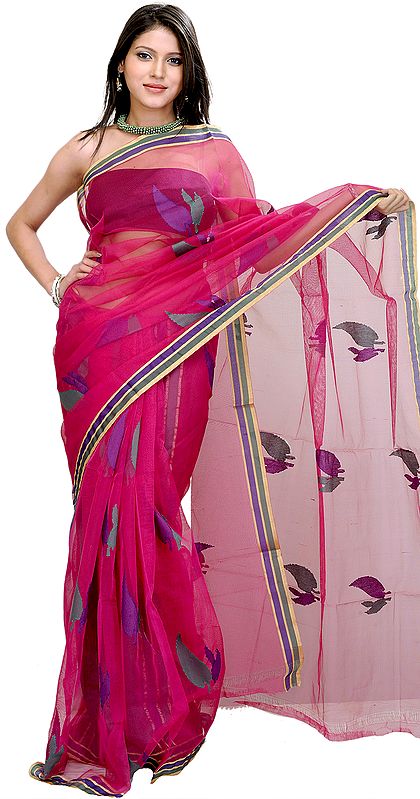 Lilac-Rose Saree from Banaras with Woven Leaves All-over