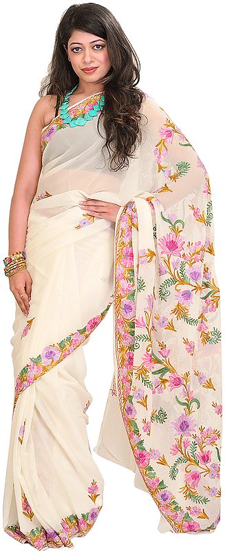 Ivory Sari from Kashmir with Floral Aari-Embroidery