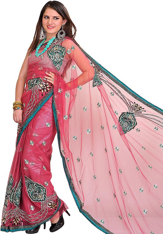 Rose-Wine Wedding Shimmer Saree with Embroidered Patches and Sequins