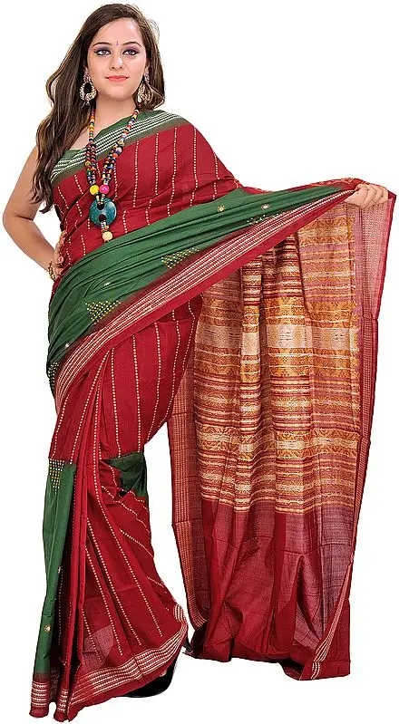 Maroon and Green Double-Colored Bomkai Sari from Orissa