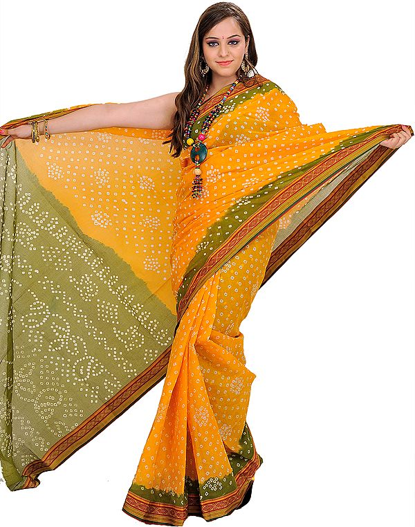 Cadmium-Yellow and Green Bandhani Tie-Dye Marwari Sari from Jodhpur
