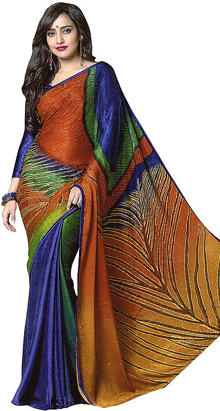 Multicolor Self-Weave Sari with Crystals and Giant Printed Peacock Feather