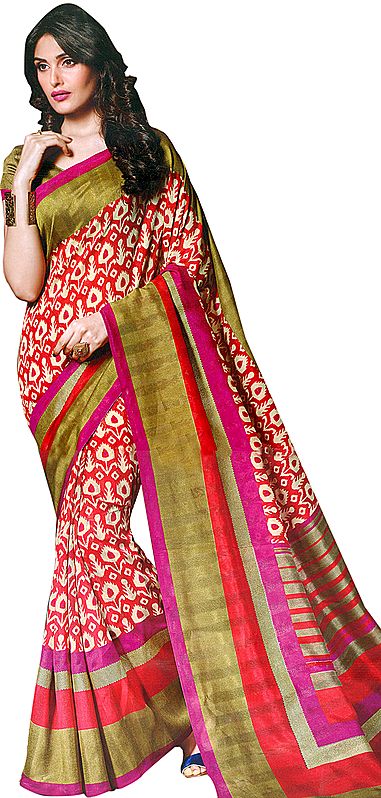 Rococco-Red Sari with Ikat Print and Striped Border