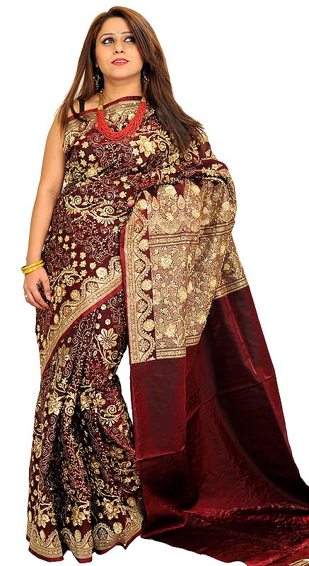 Rio-Red Zari Embroidered Bridal Sari from Banaras with Sequins and Beadwork by Hand