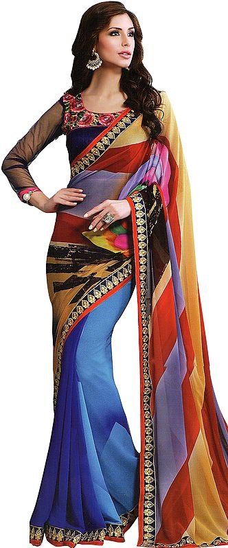 Multicolor Digital-Pinted Sari with Embroidered Patch Border