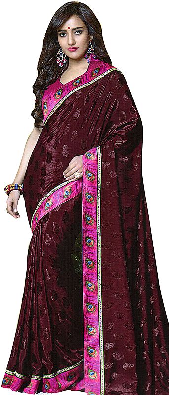 Saree with Self Weave Paisleys and Peacock Printed Patch Border