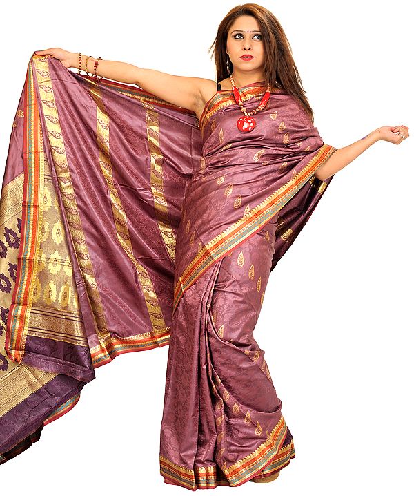 Dusky-Orchid Venkateshwara Sari from Bangalore with Self-Weave and Brocaded Aanchal