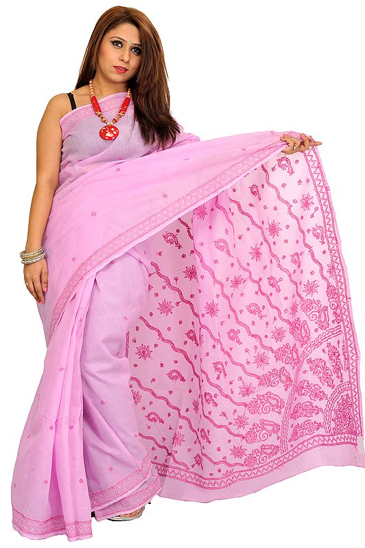 Pastel-Lavender Sari from Lucknow with Chikan Embroidery by Hand