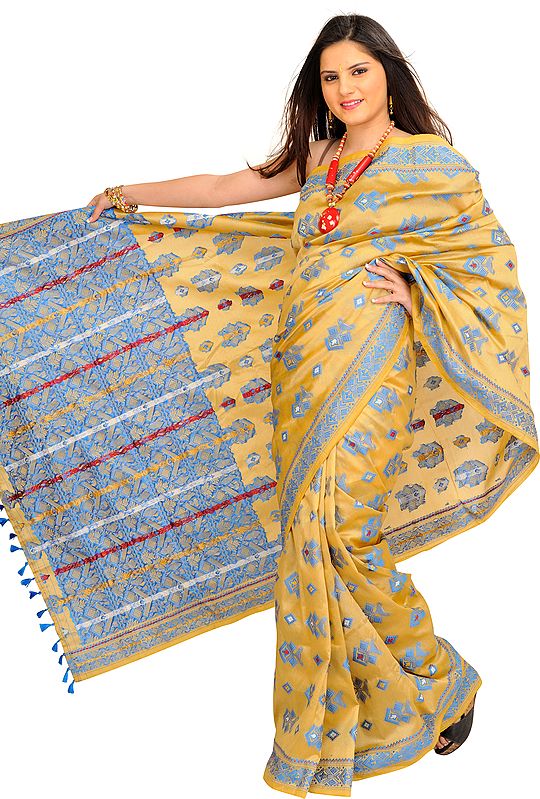Sahara-Sun Tissue Sari from Assam with Woven Motifs All-Over