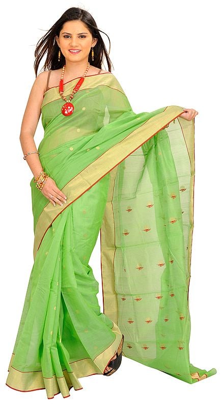 Grass-Green Chanderi Sari with Woven Flowers on Aanchal and Tissue Border