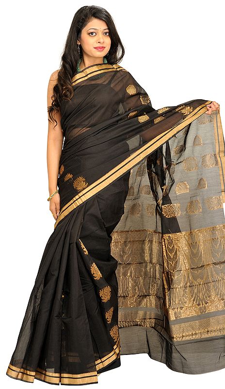 Jet-Black Wedding Sari from Banaras with Zari Weave on Aanchal
