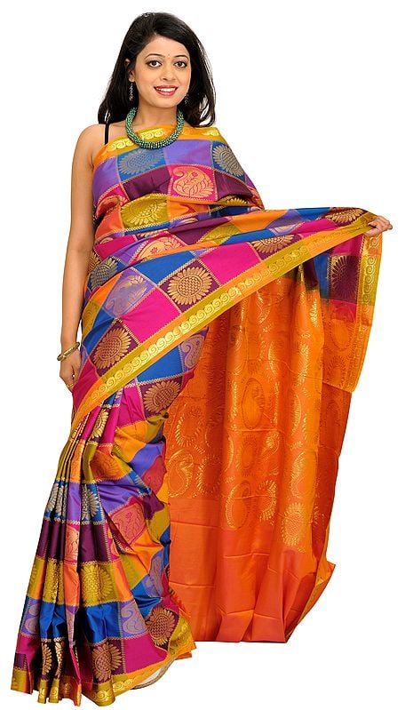 Multicolor Brocaded Saree from Bangalore with Zari-Woven Flowers and Paisleys